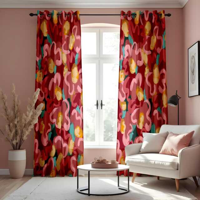 Abstract Floral Brushstroke Curtains, Bold Red, Pink & Yellow Painted Style Drapes, Modern Window Treatment, Custom Length Panels - image 1