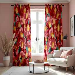 Abstract Floral Brushstroke Curtains, Bold Red, Pink & Yellow Painted Style Drapes, Modern Window Treatment, Custom Length Panels - thumbnail 1