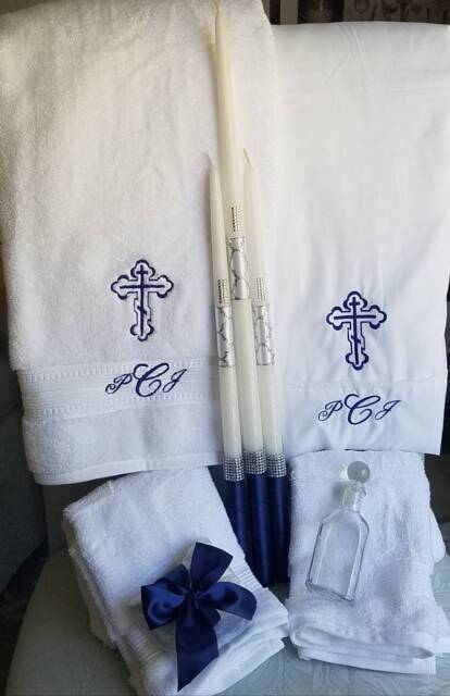Personalized Baptism Towels & Oil Sheet For Greek Orthodox Baptism, Bath Towel, Embroidered, Monogrammed, Candles Complete Set - image 1