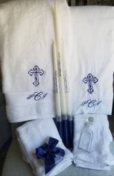 Personalized Baptism Towels & Oil Sheet For Greek Orthodox Baptism, Bath Towel, Embroidered, Monogrammed, Candles Complete Set - thumbnail 1