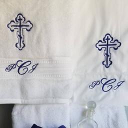 Personalized Baptism Towels & Oil Sheet For Greek Orthodox Baptism, Bath Towel, Embroidered, Monogrammed, Candles Complete Set - thumbnail 2
