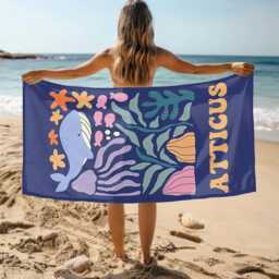 Marine Animal Personalized Beach Towel, Custom Name Towel For Baby/Kids, Preppy Girls Pool Kids Xmas Gift, Party Essentials - thumbnail 2