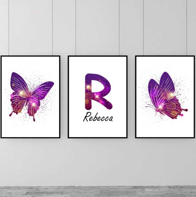 Personalised Purple Butterfly Wall Art Prints Sparkling Girl's Room Decor - image 1