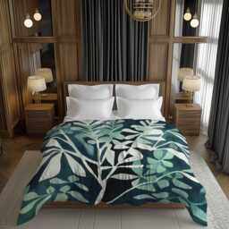 Modern Tree Print Coastal Comforter, Blue Green Teal Nature Eclectic Bedding Gift For Scandinavian Or Biophilic Bedroom D??cor #044