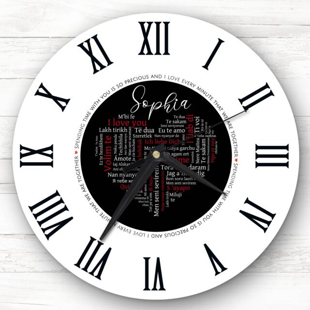 Black I Love You in Languages Anniversary Valentine's Gift Personalised Clock - image 1
