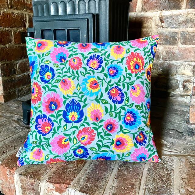 891. Handmade Folk Flowers On Grey 100% Cotton Cushion Cover Various Sizes