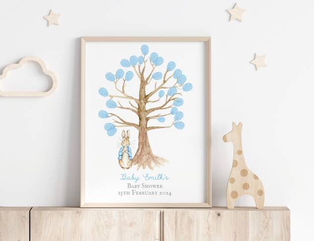Peter Rabbit Fingerprint Tree Print - Personalised Baby Shower Gift For Girl Or Boy Christening Memory Keepsake Nursery Art - image 1
