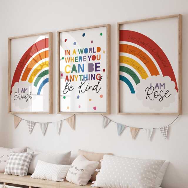 Set Of 3 Personalised Affirmation Prints, Nursery Wall Art, Rainbow Positive Boys Bedroom, Girls Bedroom - image 1