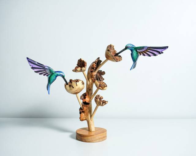 Couple Green Hummingbird Statue, Blue Bird, Painted Sculpture, Hand Painted, Artwork, Handmade Carving, Living Room Decor, Engagement Gift - image 1