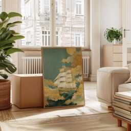 Sailing Ship Wall Art Poster Ocean Waves Cloud Illustration Nautical Home Decor Living Room Print Teal Gold, Japanese Style - thumbnail 2
