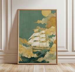 Sailing Ship Wall Art Poster Ocean Waves Cloud Illustration Nautical Home Decor Living Room Print Teal Gold, Japanese Style