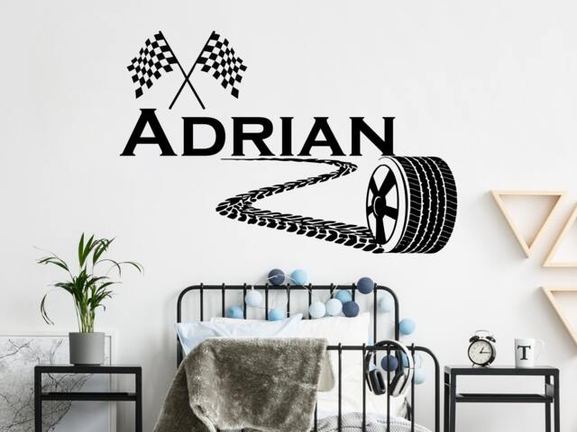 Checkered Flags Wall Decals - Vinyl Stickers Personalized Name Nursery Decor Boy Decal Racing Car Race Children's Art Sm195 - image 1