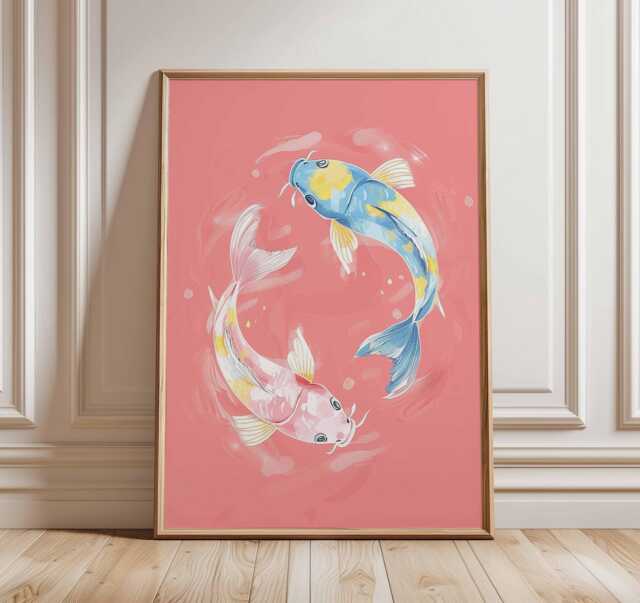 Pink Koi Fish Art Print, Japanese Watercolor Folk Art, Serene Asian Zen Wall Decor, Aesthetic Aquatic Chinoiserie Poster - image 1
