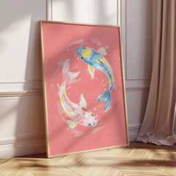 Pink Koi Fish Art Print, Japanese Watercolor Folk Art, Serene Asian Zen Wall Decor, Aesthetic Aquatic Chinoiserie Poster - thumbnail 3