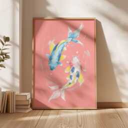 Pink Koi Fish Art Print, Japanese Watercolor Folk Art, Serene Asian Zen Wall Decor, Aesthetic Aquatic Chinoiserie Poster - thumbnail 2