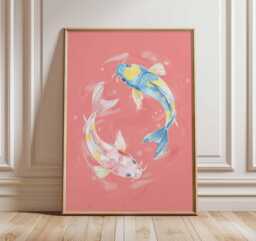 Pink Koi Fish Art Print, Japanese Watercolor Folk Art, Serene Asian Zen Wall Decor, Aesthetic Aquatic Chinoiserie Poster - thumbnail 1