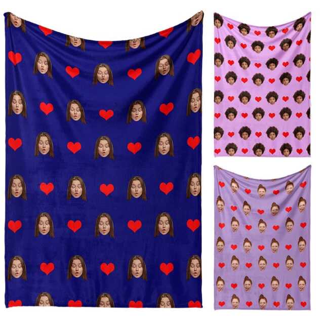 Face Cut Out With Hearts Personalised Blanket One Upload & Background Colour Cute Pattern Throw Gift For Kids Teens Adults Home Decor - image 1
