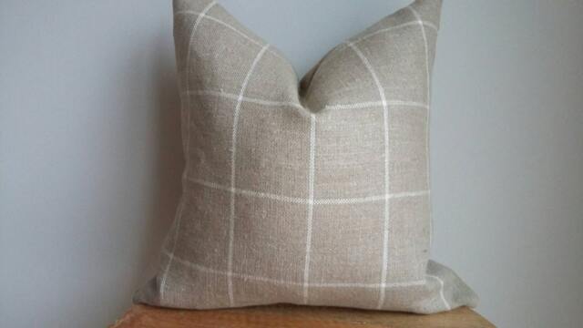 Designer Linen Check Sand Beige Off White Neutral Geometric Plaid Lumbar Euro Pillow Cover Toss Modern Luxe Boho Chic - image 1