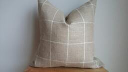 Designer Linen Check Sand Beige Off White Neutral Geometric Plaid Lumbar Euro Pillow Cover Toss Modern Luxe Boho Chic - thumbnail 1