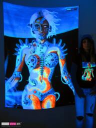 Biomechanoid Uv Black Light Fluorescent Glow Psychedelic Art Backdrop Tapestry Wall Hanging Home Club Trance Party Festival Deco Dark Robot - thumbnail 1
