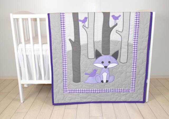 Woodland Blanket, Birch Tree Crib Quilt, Personalized Fox Bedding, Baby Gray & Purple - image 1