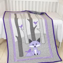 Woodland Blanket, Birch Tree Crib Quilt, Personalized Fox Bedding, Baby Gray & Purple - thumbnail 2
