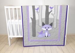 Woodland Blanket, Birch Tree Crib Quilt, Personalized Fox Bedding, Baby Gray & Purple - thumbnail 1