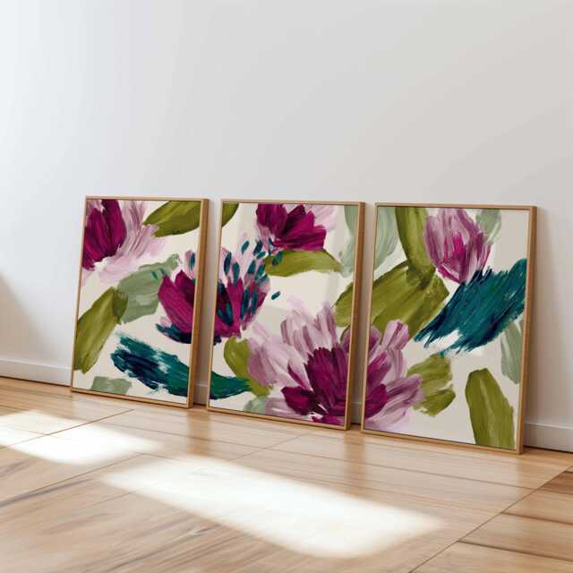 Abstract Floral Wall Art Prints Set Of 3, Bold Purple & Green Brushstroke Flower Posters, Modern Contemporary Artwork For Home Decor - image 1