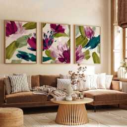 Abstract Floral Wall Art Prints Set Of 3, Bold Purple & Green Brushstroke Flower Posters, Modern Contemporary Artwork For Home Decor - thumbnail 3