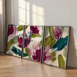 Abstract Floral Wall Art Prints Set Of 3, Bold Purple & Green Brushstroke Flower Posters, Modern Contemporary Artwork For Home Decor - thumbnail 2