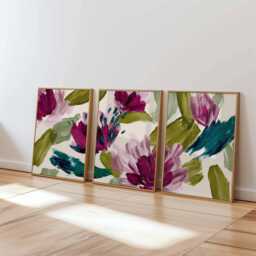Abstract Floral Wall Art Prints Set Of 3, Bold Purple & Green Brushstroke Flower Posters, Modern Contemporary Artwork For Home Decor - thumbnail 1
