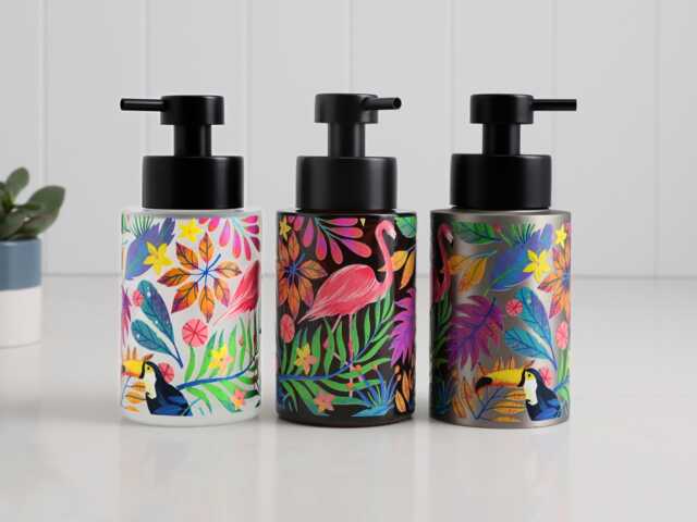 Tropical Flamingo Botanical Soap Dispenser With Colourful Illustration in Glass Or Steel Refillable Bathroom Bottle 250Ml - image 1