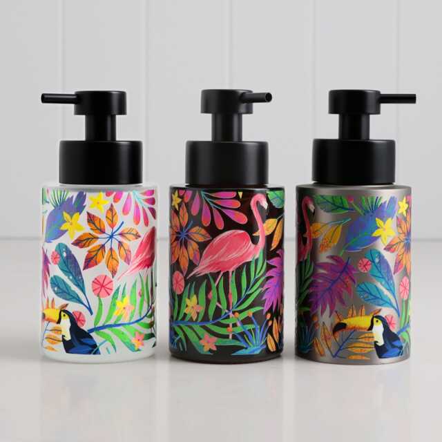 Tropical Flamingo Botanical Soap Dispenser With Colourful Illustration in Glass Or Steel Refillable Bathroom Bottle 250Ml - image 1