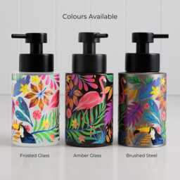 Tropical Flamingo Botanical Soap Dispenser With Colourful Illustration in Glass Or Steel Refillable Bathroom Bottle 250Ml - thumbnail 2