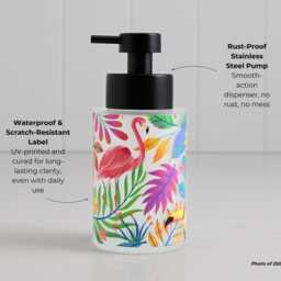 Tropical Flamingo Botanical Soap Dispenser With Colourful Illustration in Glass Or Steel Refillable Bathroom Bottle 250Ml - thumbnail 3