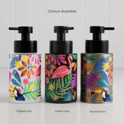 Tropical Flamingo Botanical Soap Dispenser With Colourful Illustration in Glass Or Steel Refillable Bathroom Bottle 250Ml - thumbnail 3