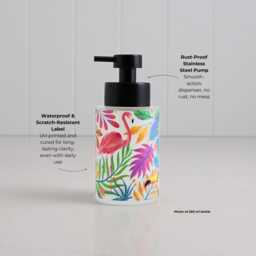 Tropical Flamingo Botanical Soap Dispenser With Colourful Illustration in Glass Or Steel Refillable Bathroom Bottle 250Ml - thumbnail 2