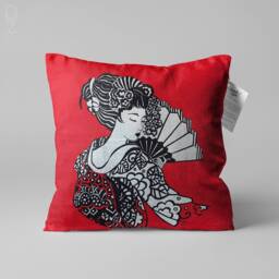 Red Chenille Pillow Cover, Japanese Geisha Design, Double Sided - thumbnail 1