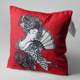 Red Chenille Pillow Cover, Japanese Geisha Design, Double Sided - thumbnail 3