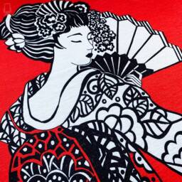 Red Chenille Pillow Cover, Japanese Geisha Design, Double Sided - thumbnail 2