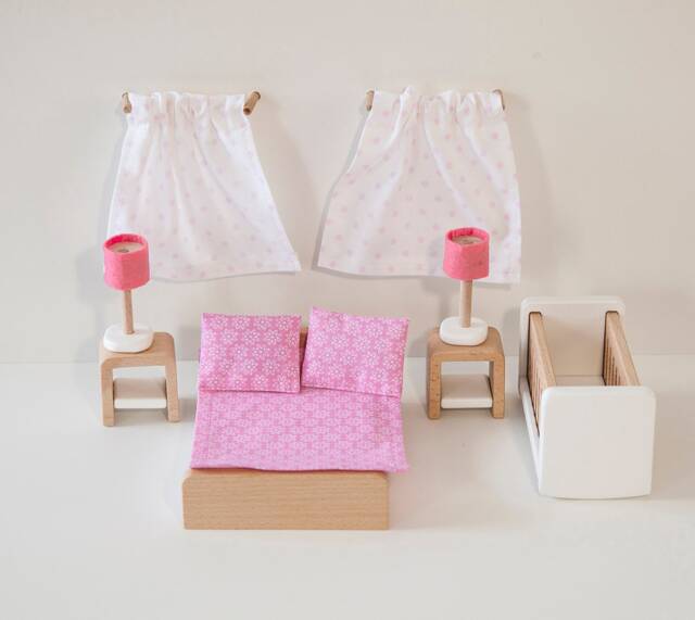 Dollhouse Bedroom Furniture Set, Miniature Crib, Bed, Tables - image 1