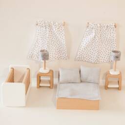 Dollhouse Bedroom Furniture Set, Miniature Crib, Bed, Tables - thumbnail 2