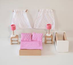 Dollhouse Bedroom Furniture Set, Miniature Crib, Bed, Tables - thumbnail 1