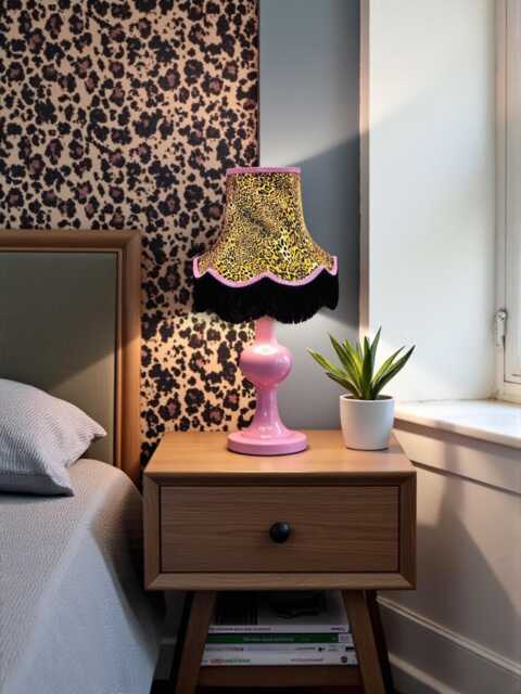 Traditional Leopard Print Scalloped Lampshade With Black Fringe, Handmade in UK - Animal Fabric Lamp Shades - image 1