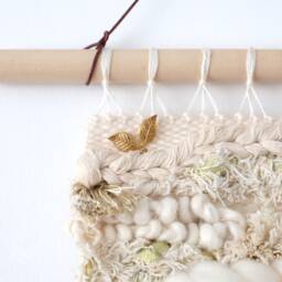 Neutral Woven Wall Hanging Boho Fiber Art With Brass Bee - thumbnail 2