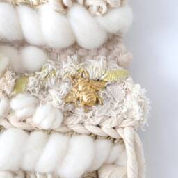 Neutral Woven Wall Hanging Boho Fiber Art With Brass Bee - thumbnail 4