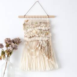 Neutral Woven Wall Hanging Boho Fiber Art With Brass Bee