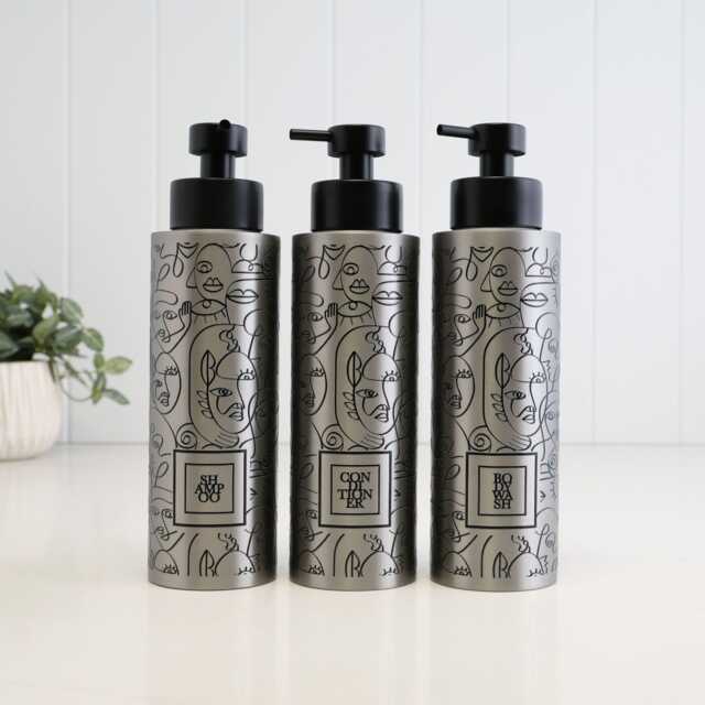 Set Of 3 Abstract Face Soap Dispensers 500Ml, Refillable Bathroom Bottle Set, Shampoo Conditioner Body Wash Pump Trio Square Black - image 1