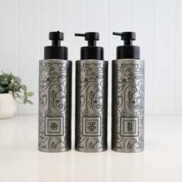 Set Of 3 Abstract Face Soap Dispensers 500Ml, Refillable Bathroom Bottle Set, Shampoo Conditioner Body Wash Pump Trio Square Black