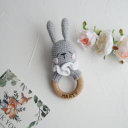 Bunny Baby First Toy, New Mom Gift Package, Personalized For Boy, Woodland Shower Gift, Forest Animal Toy Newborn - thumbnail 3